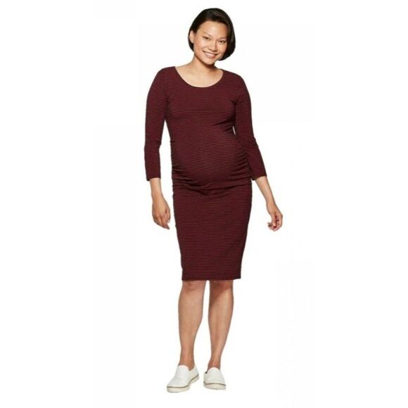 Isabel Maternity Midi Dress Women's Small Red Black Stretchy Striped Shirred NEW - Picture 8 of 9